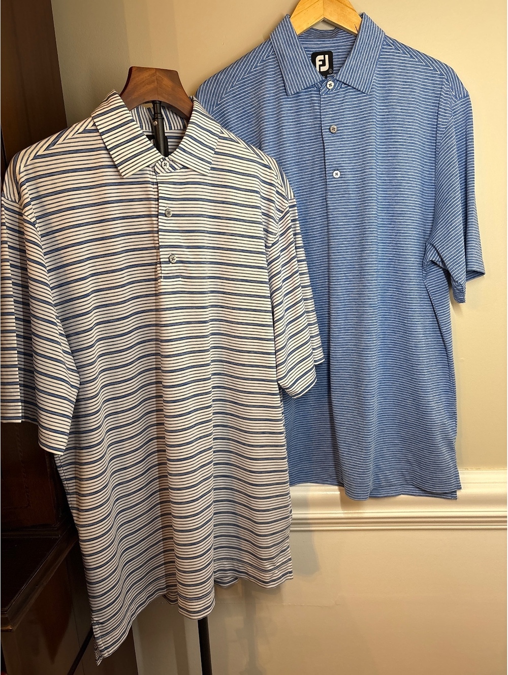 PAIR of 2 Footjoy blue and white golf polos L